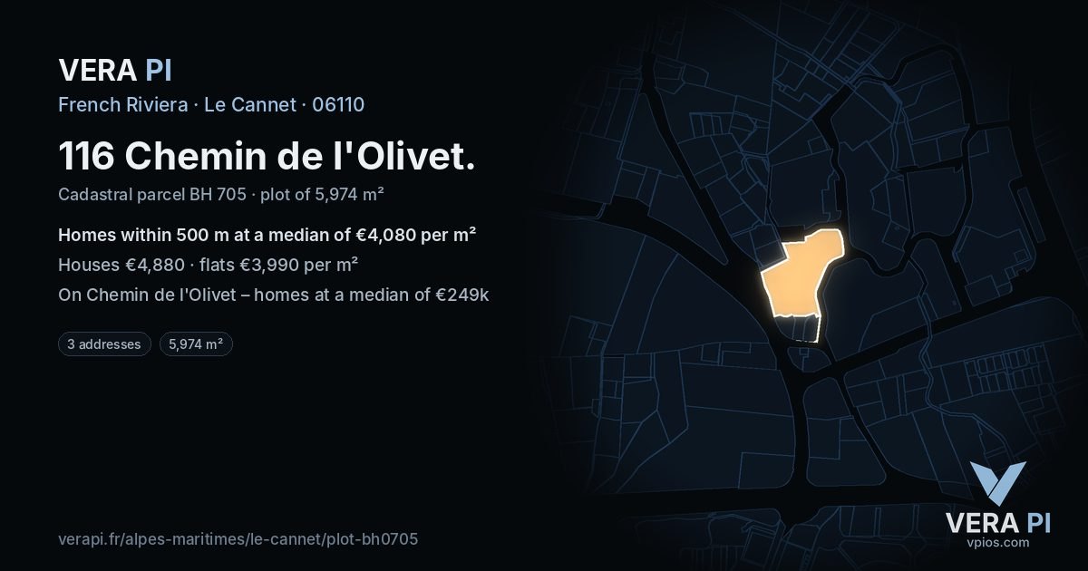 116 Chemin de l'Olivet, Le Cannet at night – the plot lit, the parcels around coloured by the prices near them