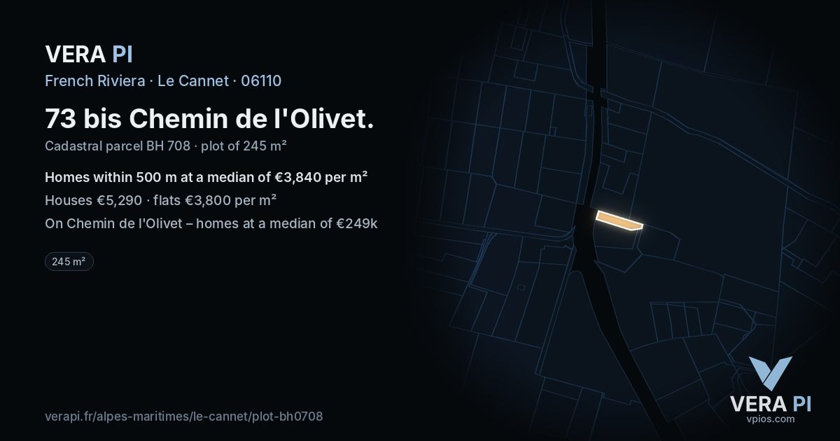 73 bis Chemin de l'Olivet, Le Cannet at night – the plot lit, the parcels around coloured by the prices near them