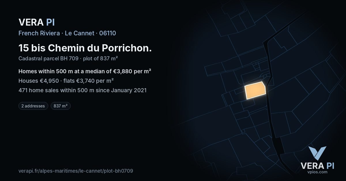 15 bis Chemin du Porrichon, Le Cannet at night – the plot lit, the parcels around coloured by the prices near them