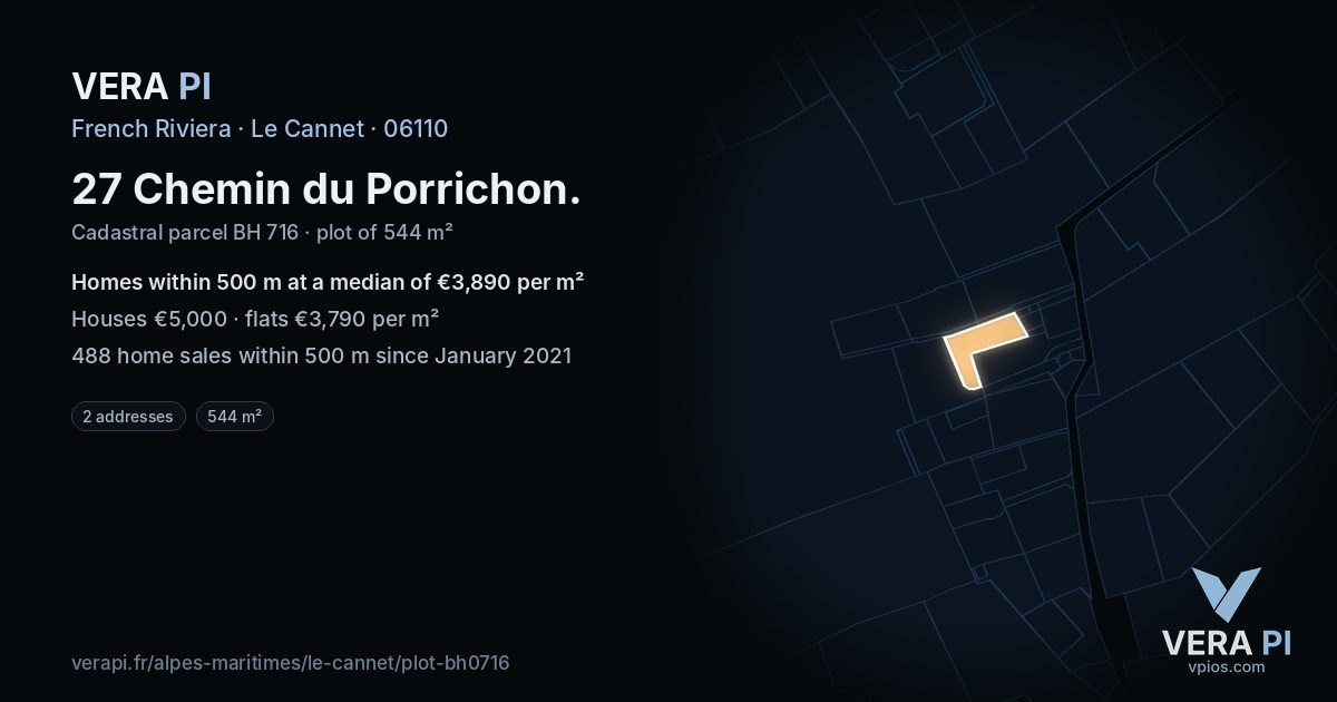 27 Chemin du Porrichon, Le Cannet at night – the plot lit, the parcels around coloured by the prices near them