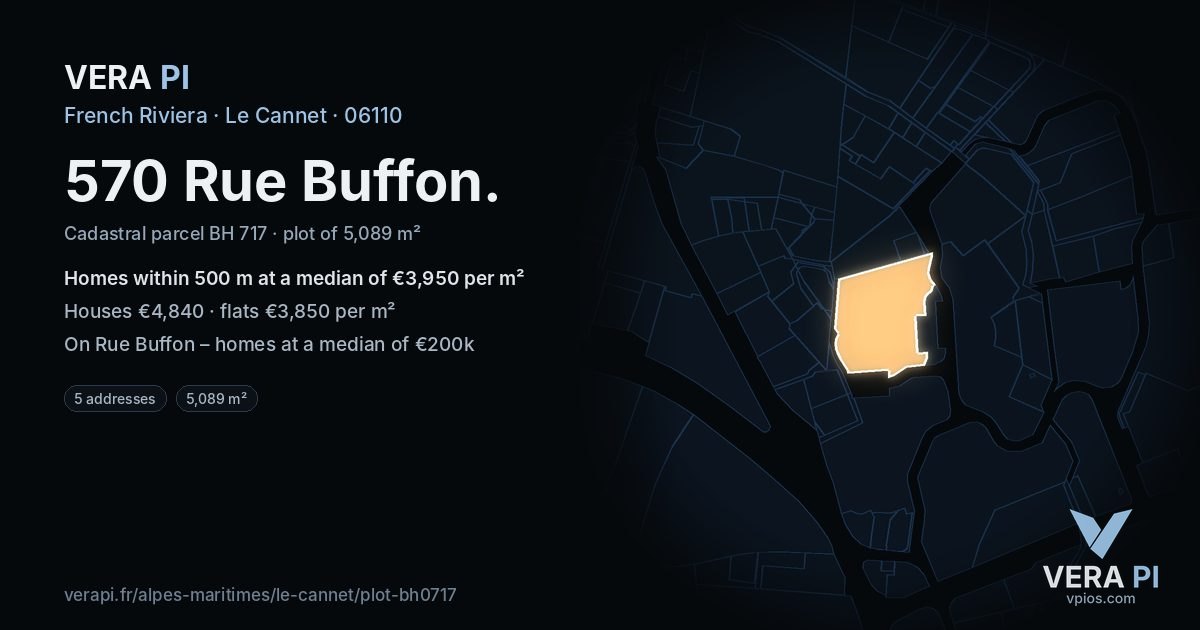 570 Rue Buffon, Le Cannet at night – the plot lit, the parcels around coloured by the prices near them