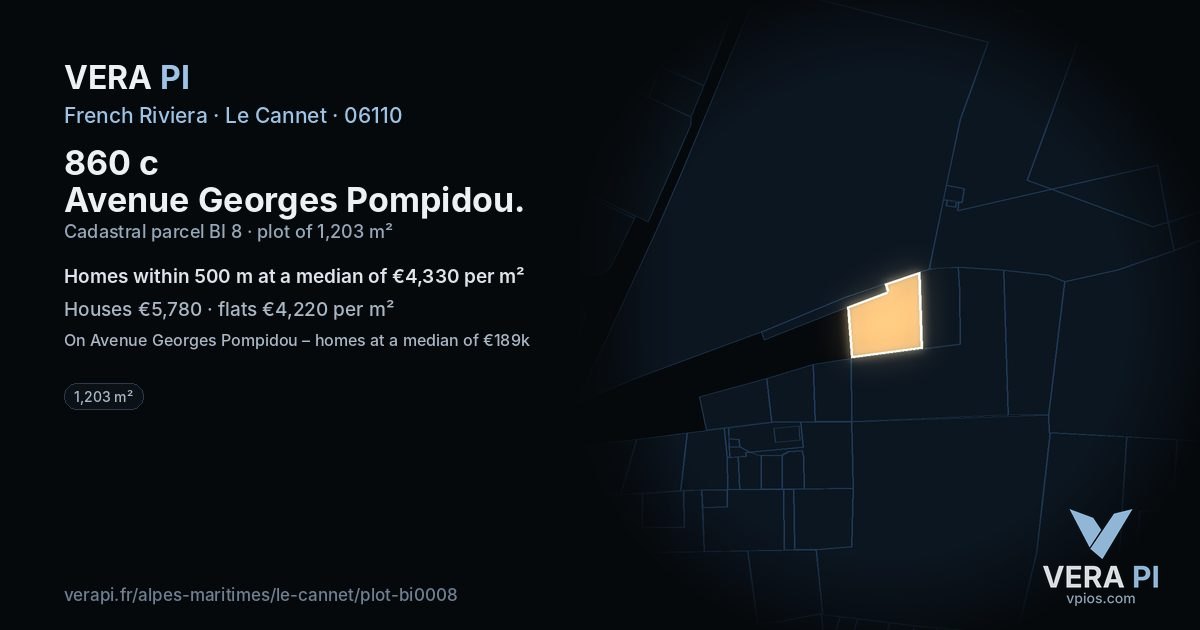 860 c Avenue Georges Pompidou, Le Cannet at night – the plot lit, the parcels around coloured by the prices near them