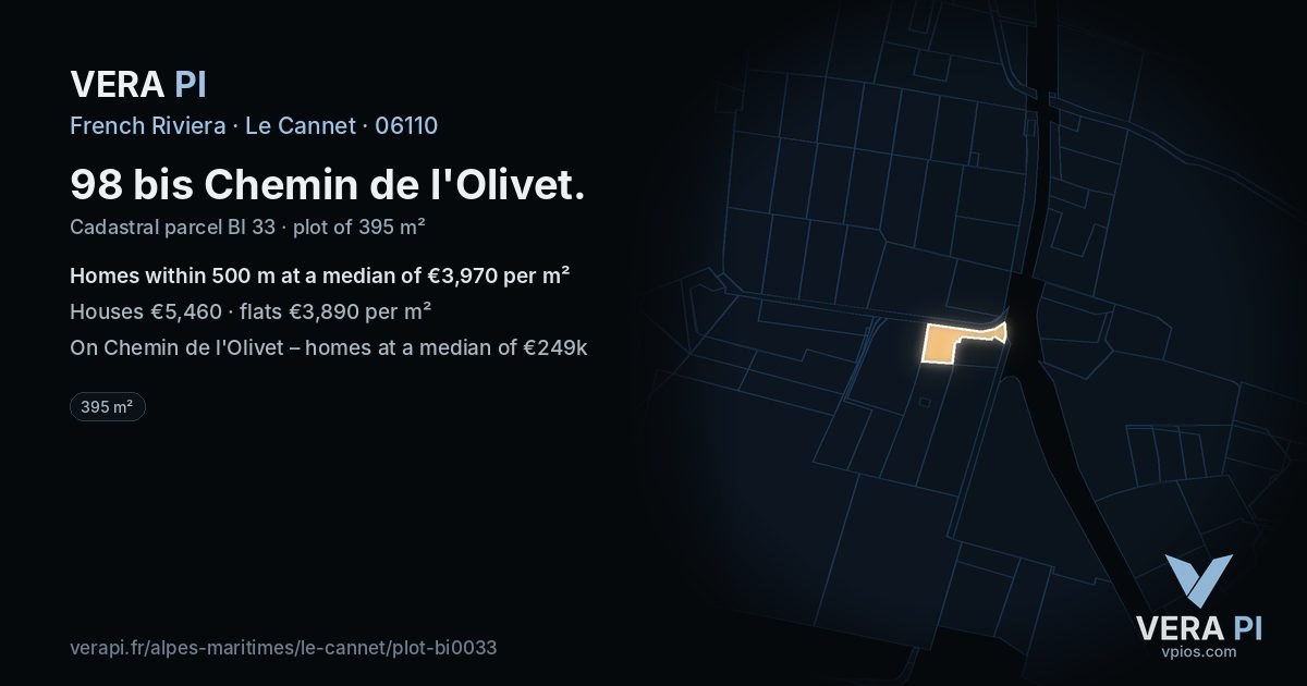 98 bis Chemin de l'Olivet, Le Cannet at night – the plot lit, the parcels around coloured by the prices near them