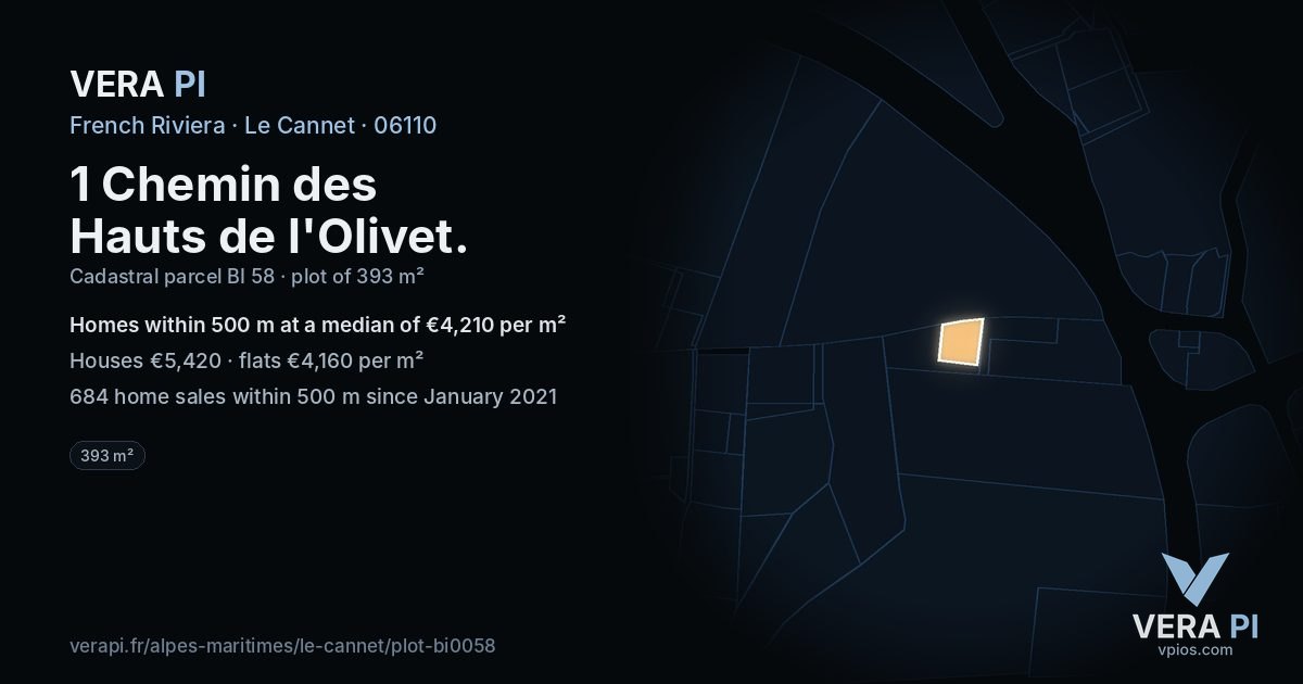 1 Chemin des Hauts de l'Olivet, Le Cannet at night – the plot lit, the parcels around coloured by the prices near them