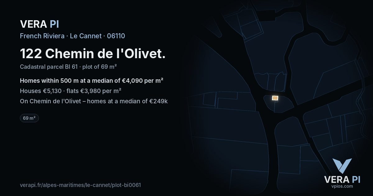 122 Chemin de l'Olivet, Le Cannet at night – the plot lit, the parcels around coloured by the prices near them