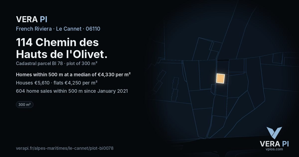 114 Chemin des Hauts de l'Olivet, Le Cannet at night – the plot lit, the parcels around coloured by the prices near them