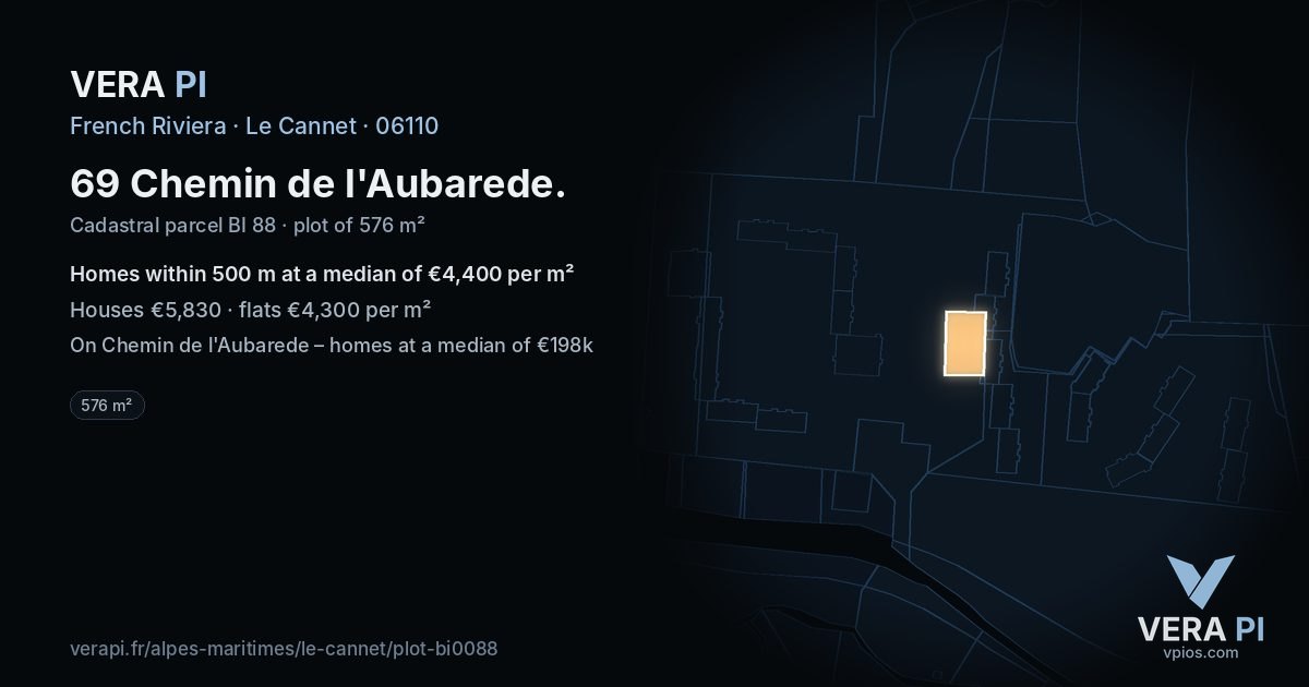 69 Chemin de l'Aubarede, Le Cannet at night – the plot lit, the parcels around coloured by the prices near them