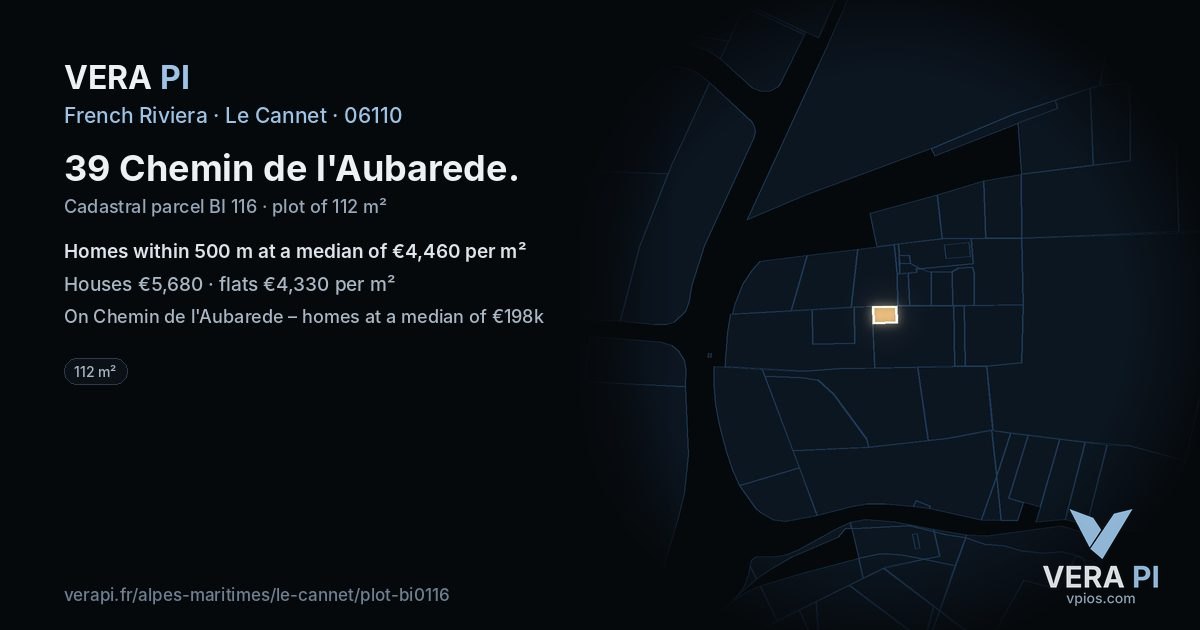39 Chemin de l'Aubarede, Le Cannet at night – the plot lit, the parcels around coloured by the prices near them