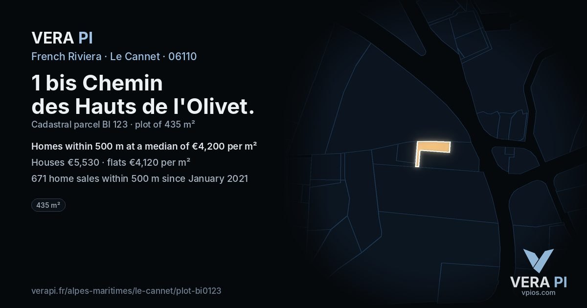 1 bis Chemin des Hauts de l'Olivet, Le Cannet at night – the plot lit, the parcels around coloured by the prices near them