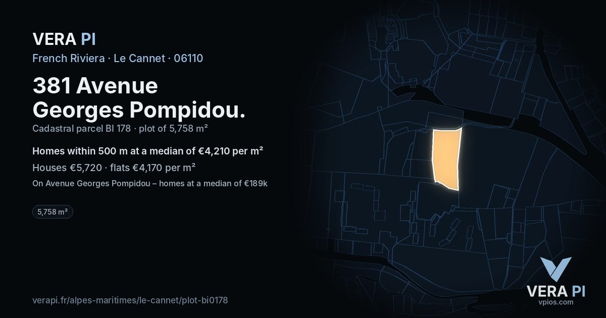 381 Avenue Georges Pompidou, Le Cannet at night – the plot lit, the parcels around coloured by the prices near them