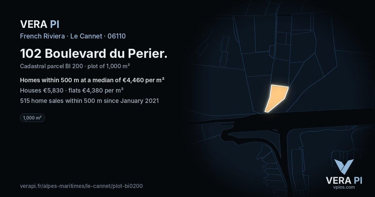 102 Boulevard du Perier, Le Cannet at night – the plot lit, the parcels around coloured by the prices near them