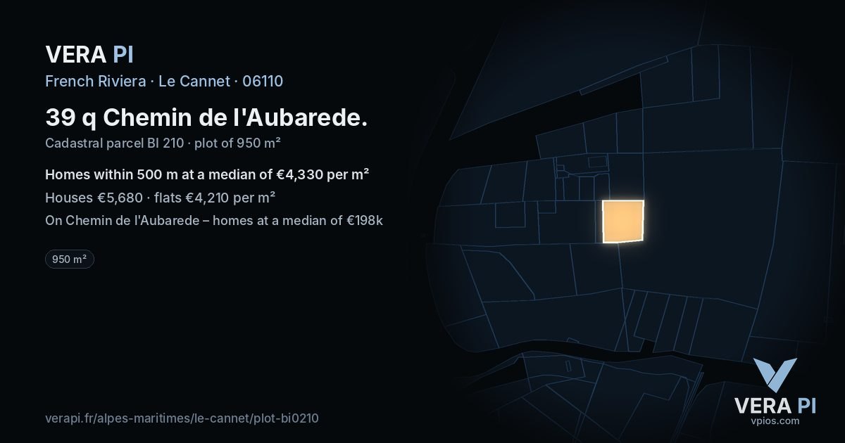 39 q Chemin de l'Aubarede, Le Cannet at night – the plot lit, the parcels around coloured by the prices near them