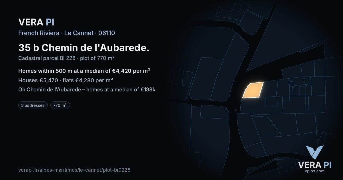 35 b Chemin de l'Aubarede, Le Cannet at night – the plot lit, the parcels around coloured by the prices near them