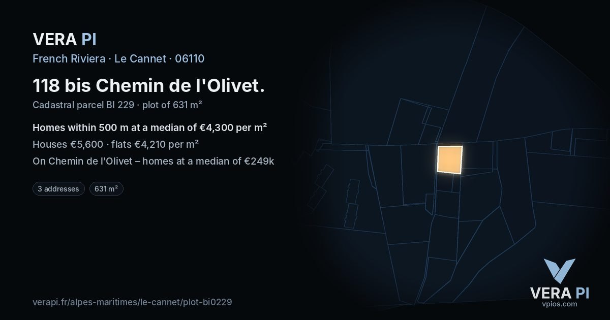 118 bis Chemin de l'Olivet, Le Cannet at night – the plot lit, the parcels around coloured by the prices near them