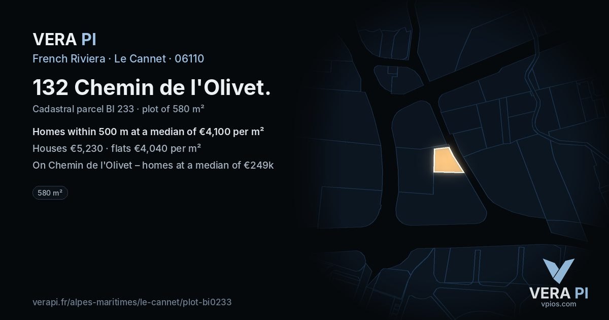 132 Chemin de l'Olivet, Le Cannet at night – the plot lit, the parcels around coloured by the prices near them