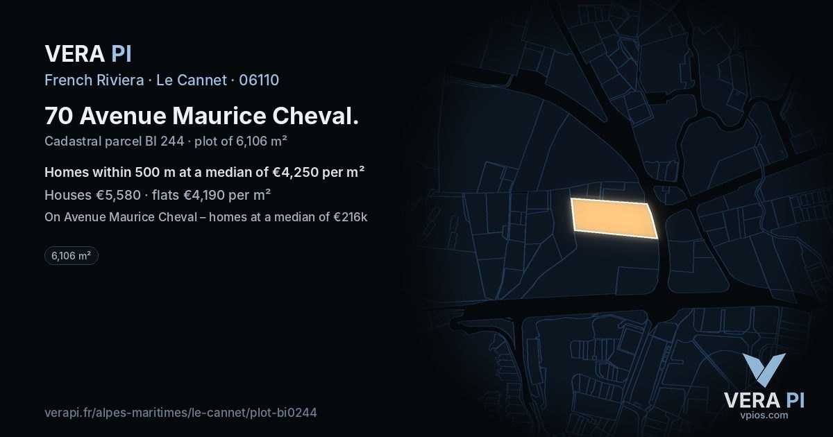 70 Avenue Maurice Cheval, Le Cannet at night – the plot lit, the parcels around coloured by the prices near them