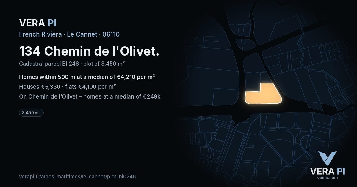 134 Chemin de l'Olivet, Le Cannet at night – the plot lit, the parcels around coloured by the prices near them