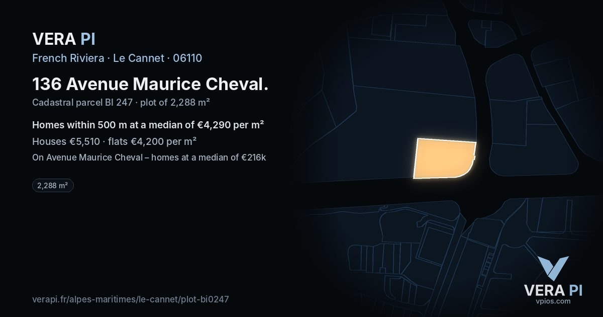 136 Avenue Maurice Cheval, Le Cannet at night – the plot lit, the parcels around coloured by the prices near them