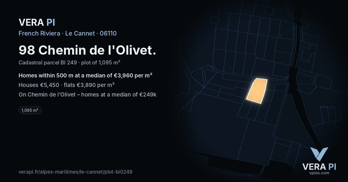 98 Chemin de l'Olivet, Le Cannet at night – the plot lit, the parcels around coloured by the prices near them