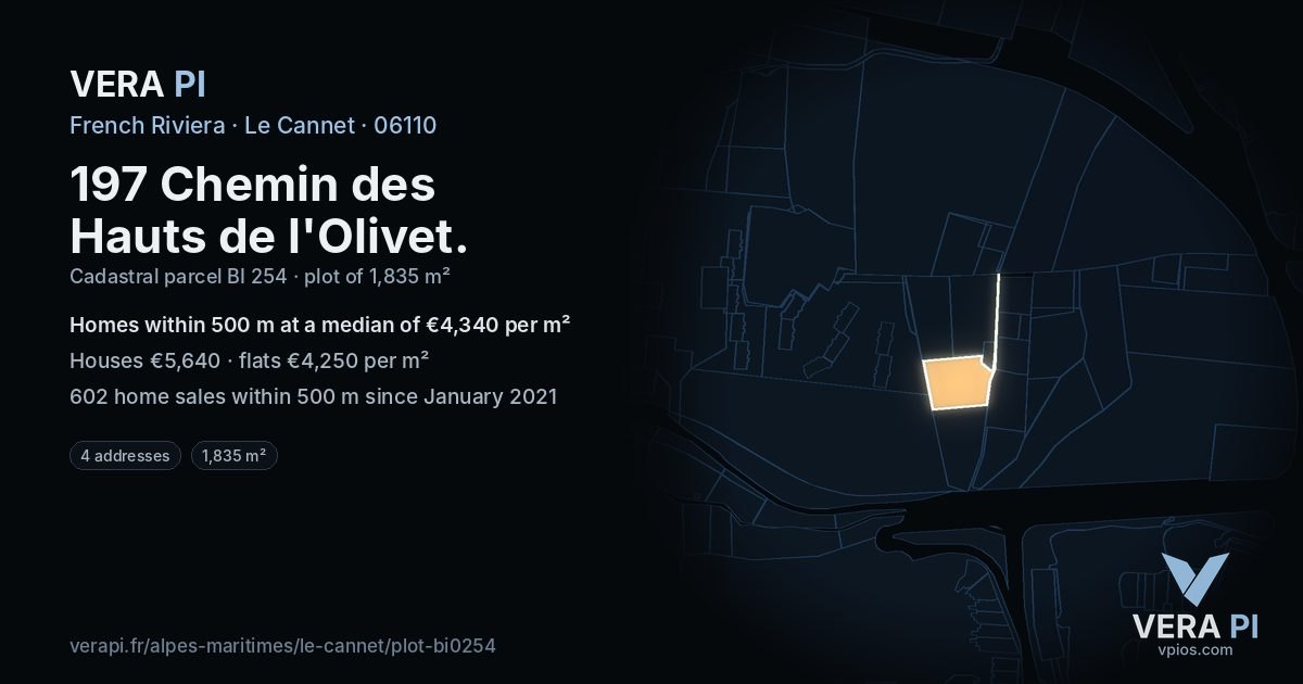 197 Chemin des Hauts de l'Olivet, Le Cannet at night – the plot lit, the parcels around coloured by the prices near them