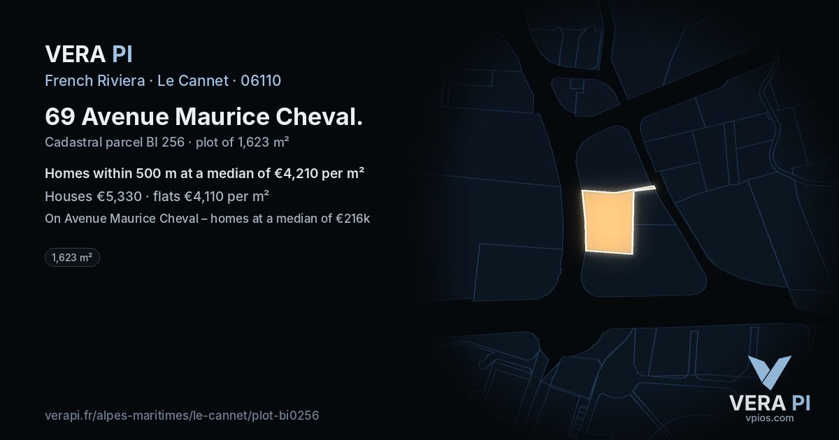 69 Avenue Maurice Cheval, Le Cannet at night – the plot lit, the parcels around coloured by the prices near them