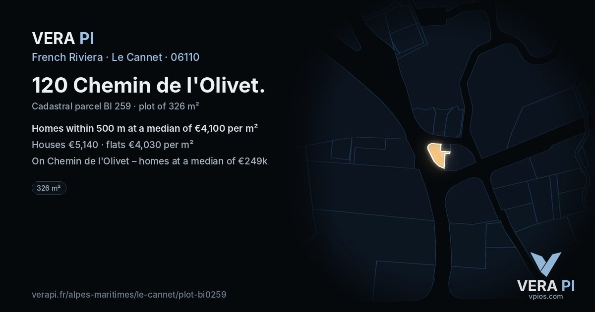 120 Chemin de l'Olivet, Le Cannet at night – the plot lit, the parcels around coloured by the prices near them