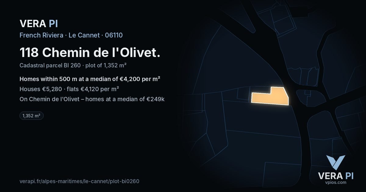 118 Chemin de l'Olivet, Le Cannet at night – the plot lit, the parcels around coloured by the prices near them