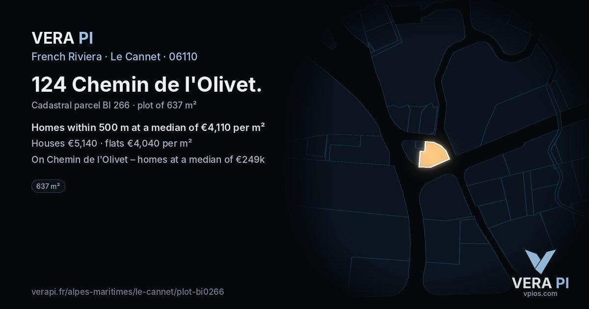 124 Chemin de l'Olivet, Le Cannet at night – the plot lit, the parcels around coloured by the prices near them
