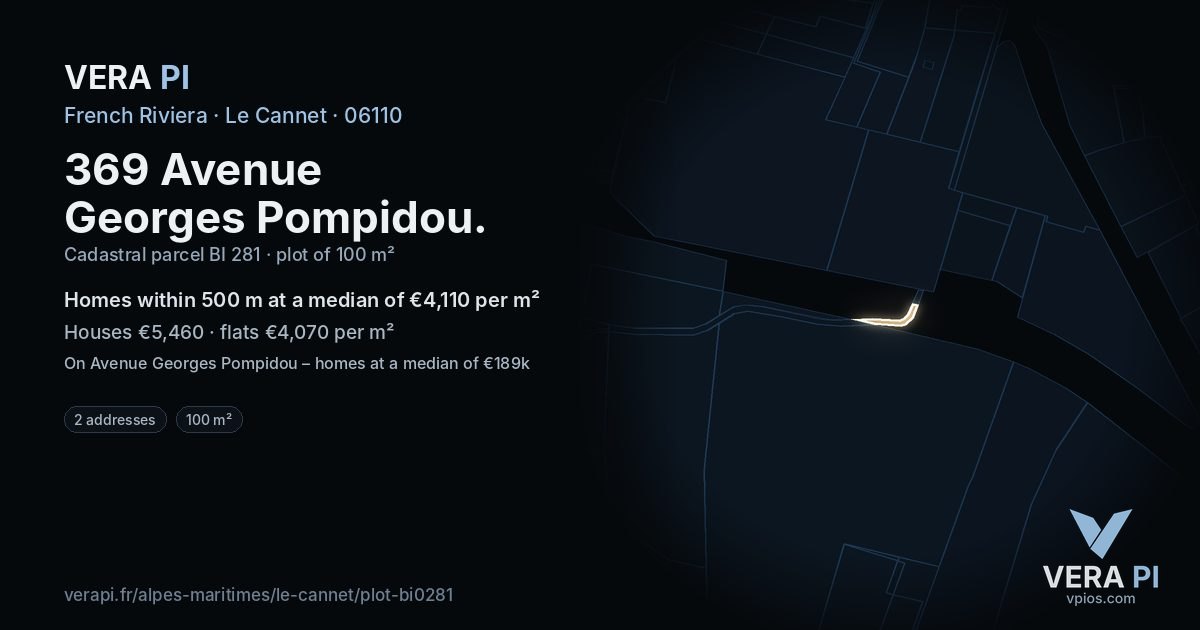 369 Avenue Georges Pompidou, Le Cannet at night – the plot lit, the parcels around coloured by the prices near them