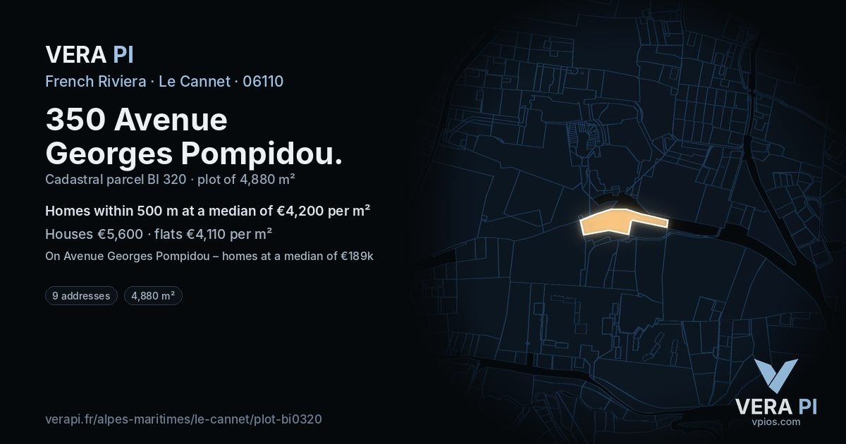 350 Avenue Georges Pompidou, Le Cannet at night – the plot lit, the parcels around coloured by the prices near them