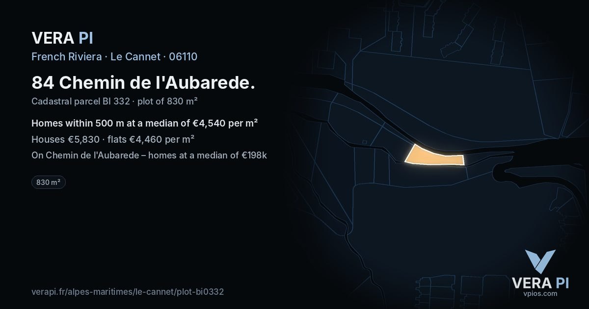 84 Chemin de l'Aubarede, Le Cannet at night – the plot lit, the parcels around coloured by the prices near them