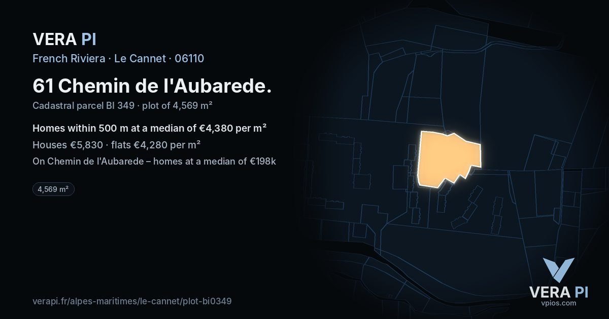 61 Chemin de l'Aubarede, Le Cannet at night – the plot lit, the parcels around coloured by the prices near them