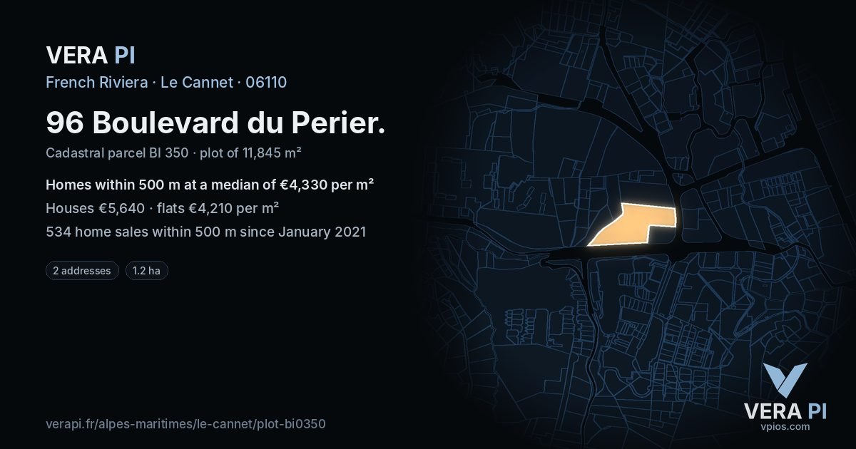 96 Boulevard du Perier, Le Cannet at night – the plot lit, the parcels around coloured by the prices near them