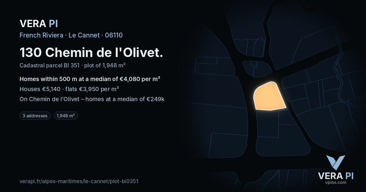 130 Chemin de l'Olivet, Le Cannet at night – the plot lit, the parcels around coloured by the prices near them