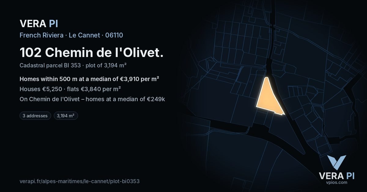 102 Chemin de l'Olivet, Le Cannet at night – the plot lit, the parcels around coloured by the prices near them