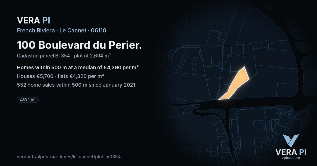 100 Boulevard du Perier, Le Cannet at night – the plot lit, the parcels around coloured by the prices near them