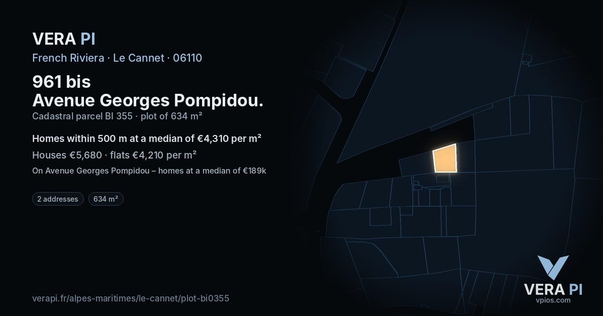 961 bis Avenue Georges Pompidou, Le Cannet at night – the plot lit, the parcels around coloured by the prices near them