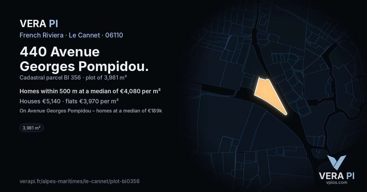440 Avenue Georges Pompidou, Le Cannet at night – the plot lit, the parcels around coloured by the prices near them