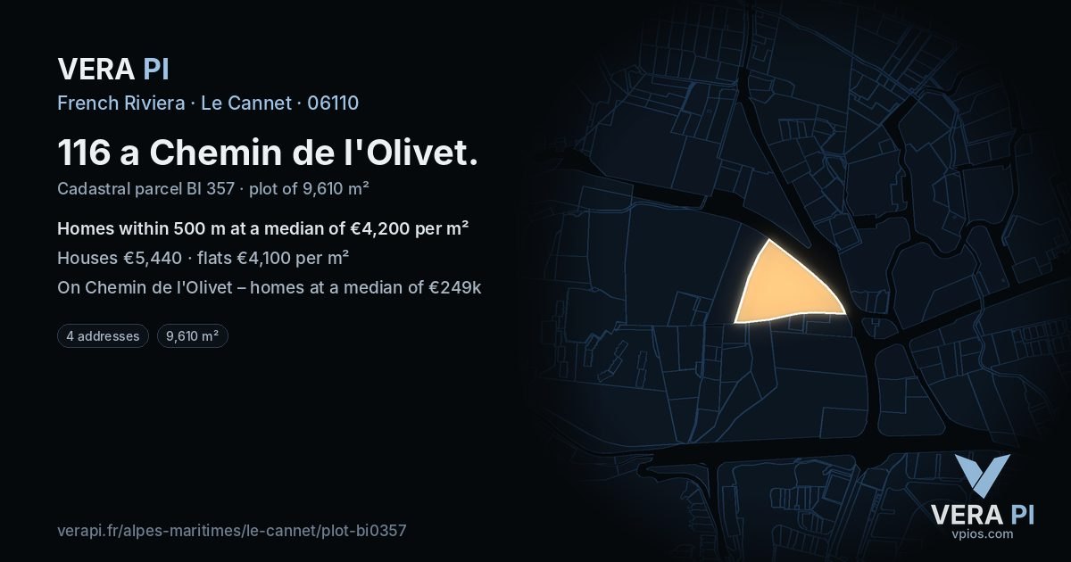 116 a Chemin de l'Olivet, Le Cannet at night – the plot lit, the parcels around coloured by the prices near them