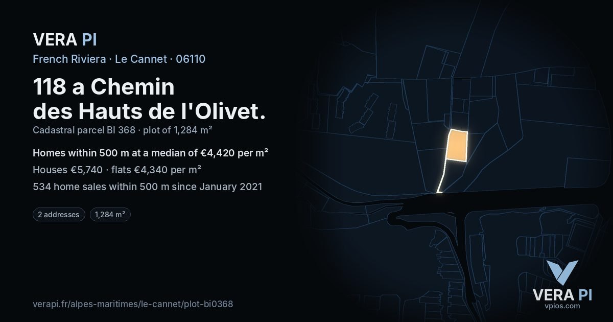 118 a Chemin des Hauts de l'Olivet, Le Cannet at night – the plot lit, the parcels around coloured by the prices near them
