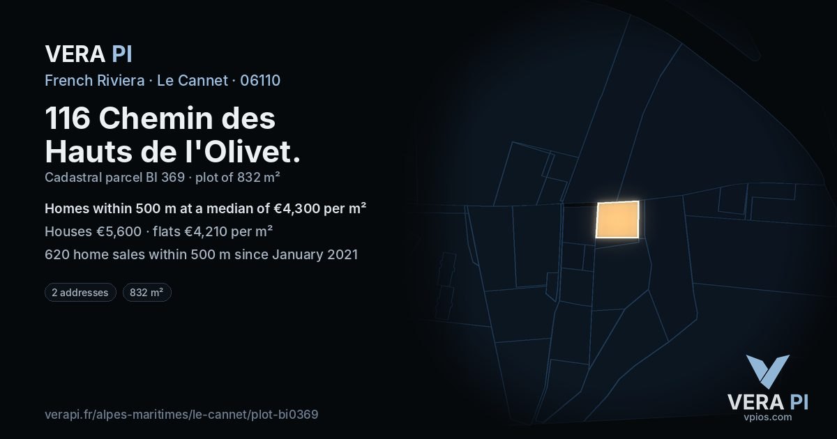 116 Chemin des Hauts de l'Olivet, Le Cannet at night – the plot lit, the parcels around coloured by the prices near them