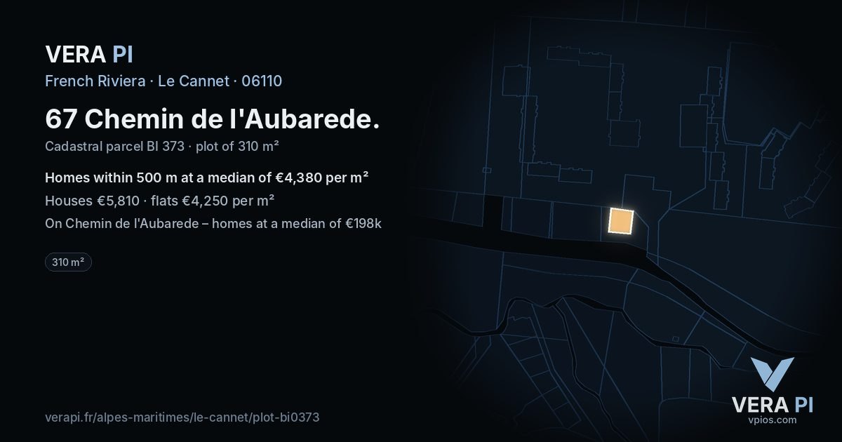 67 Chemin de l'Aubarede, Le Cannet at night – the plot lit, the parcels around coloured by the prices near them