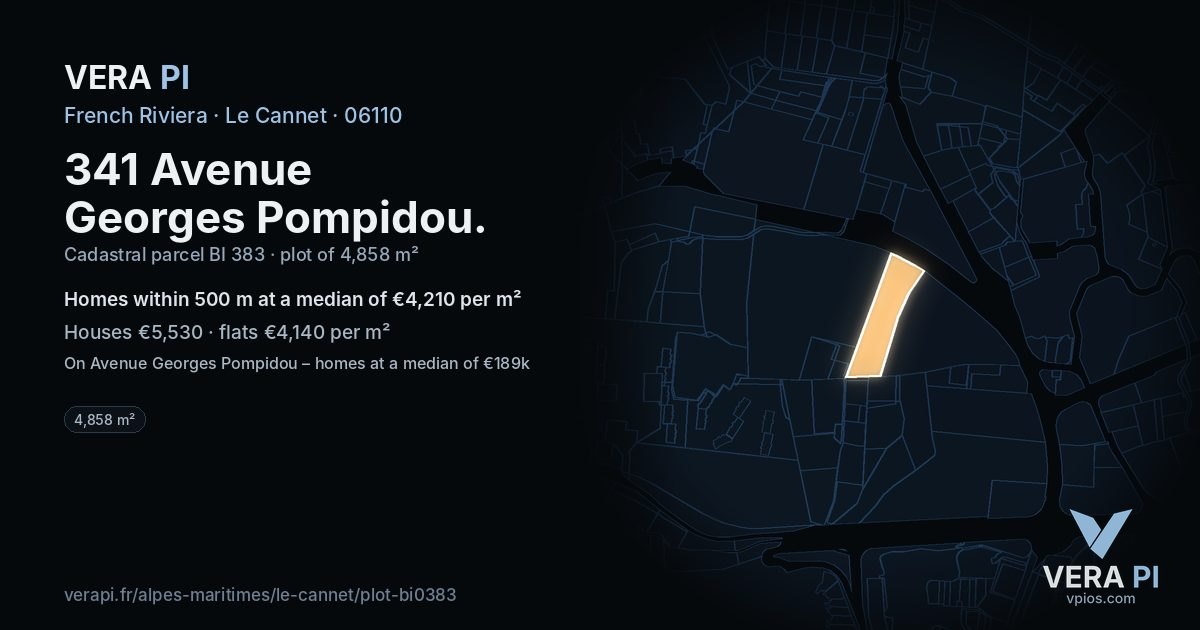 341 Avenue Georges Pompidou, Le Cannet at night – the plot lit, the parcels around coloured by the prices near them