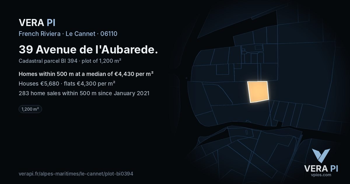 39 Avenue de l'Aubarede, Le Cannet at night – the plot lit, the parcels around coloured by the prices near them