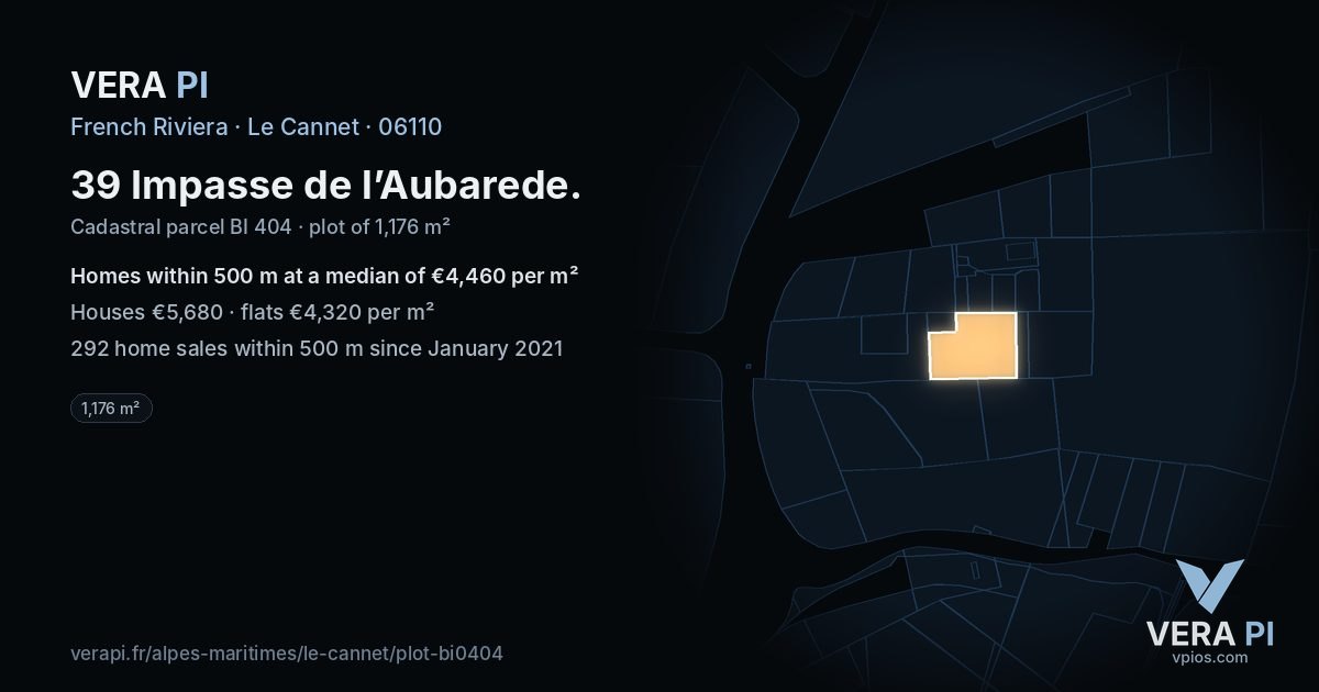 39 Impasse de l’Aubarede, Le Cannet at night – the plot lit, the parcels around coloured by the prices near them