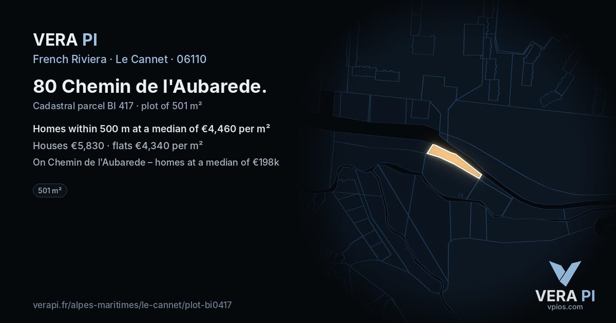 80 Chemin de l'Aubarede, Le Cannet at night – the plot lit, the parcels around coloured by the prices near them