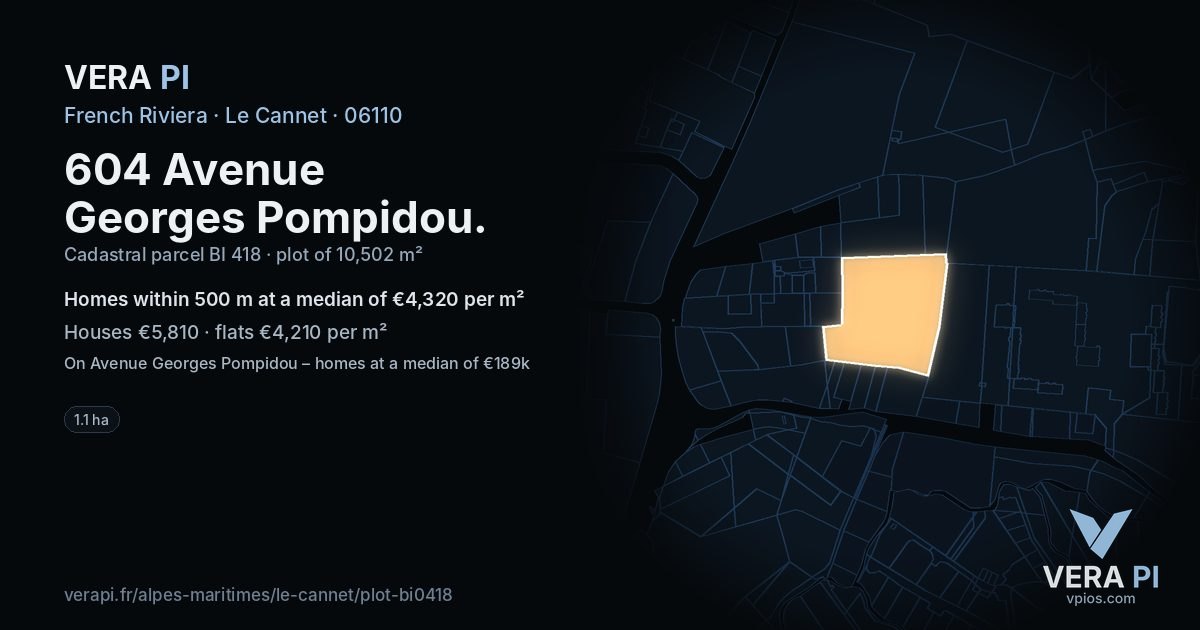 604 Avenue Georges Pompidou, Le Cannet at night – the plot lit, the parcels around coloured by the prices near them