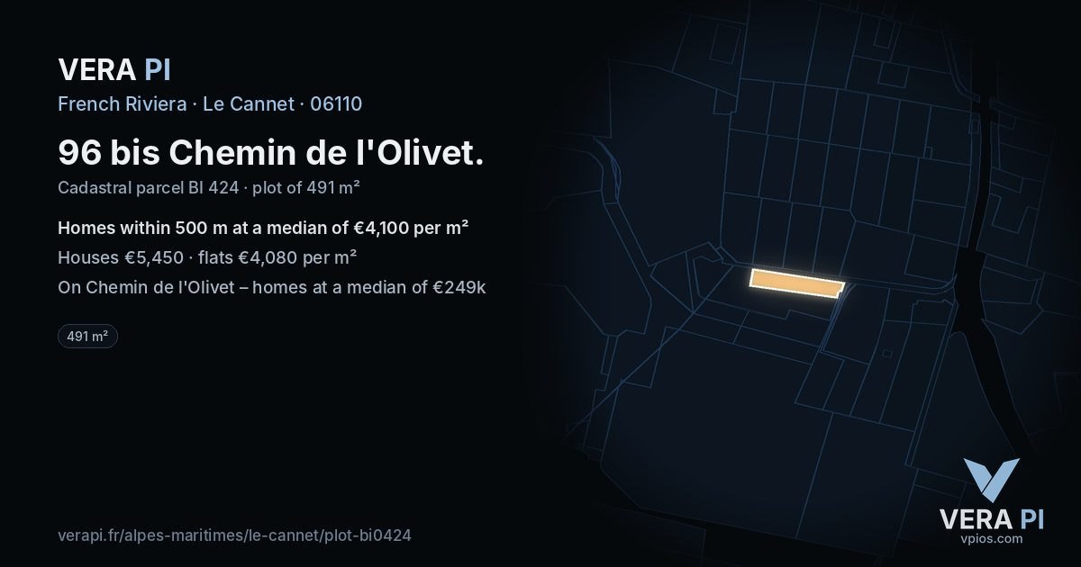 96 bis Chemin de l'Olivet, Le Cannet at night – the plot lit, the parcels around coloured by the prices near them