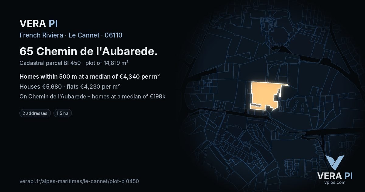 65 Chemin de l'Aubarede, Le Cannet at night – the plot lit, the parcels around coloured by the prices near them