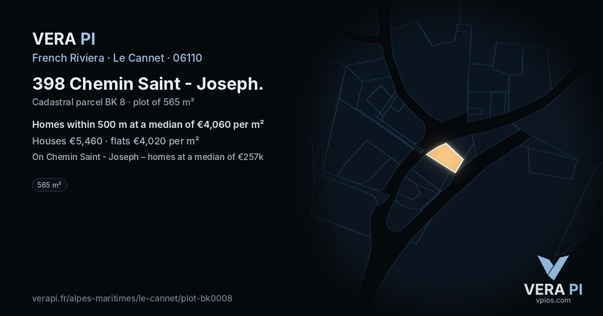 398 Chemin Saint - Joseph, Le Cannet at night – the plot lit, the parcels around coloured by the prices near them